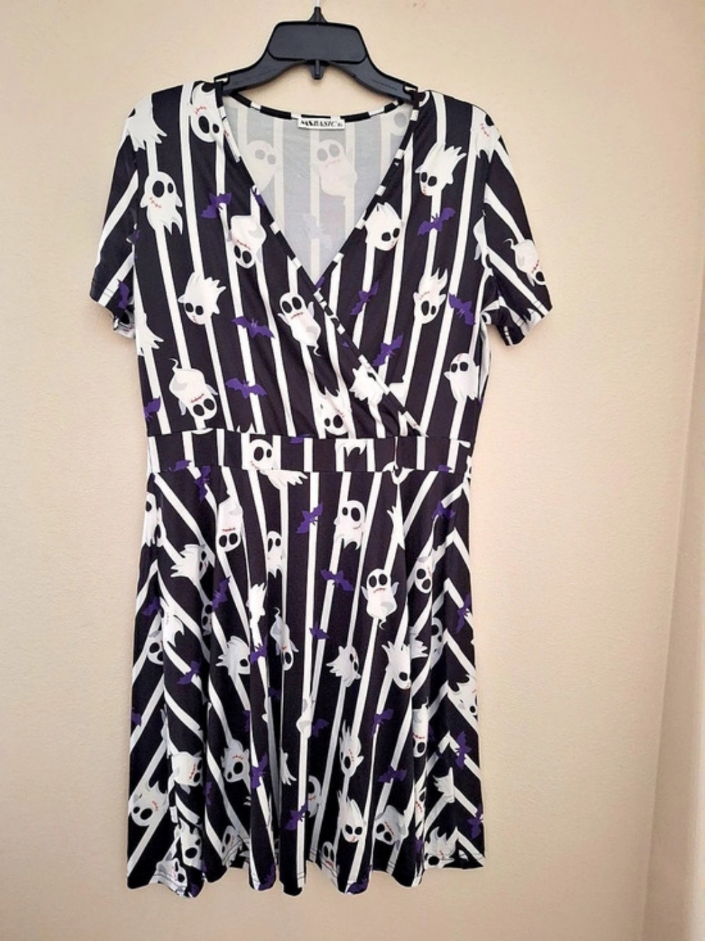 MSBASIC Faux Wrap Dress in Striped Halloween Print with Ghosts and Bats